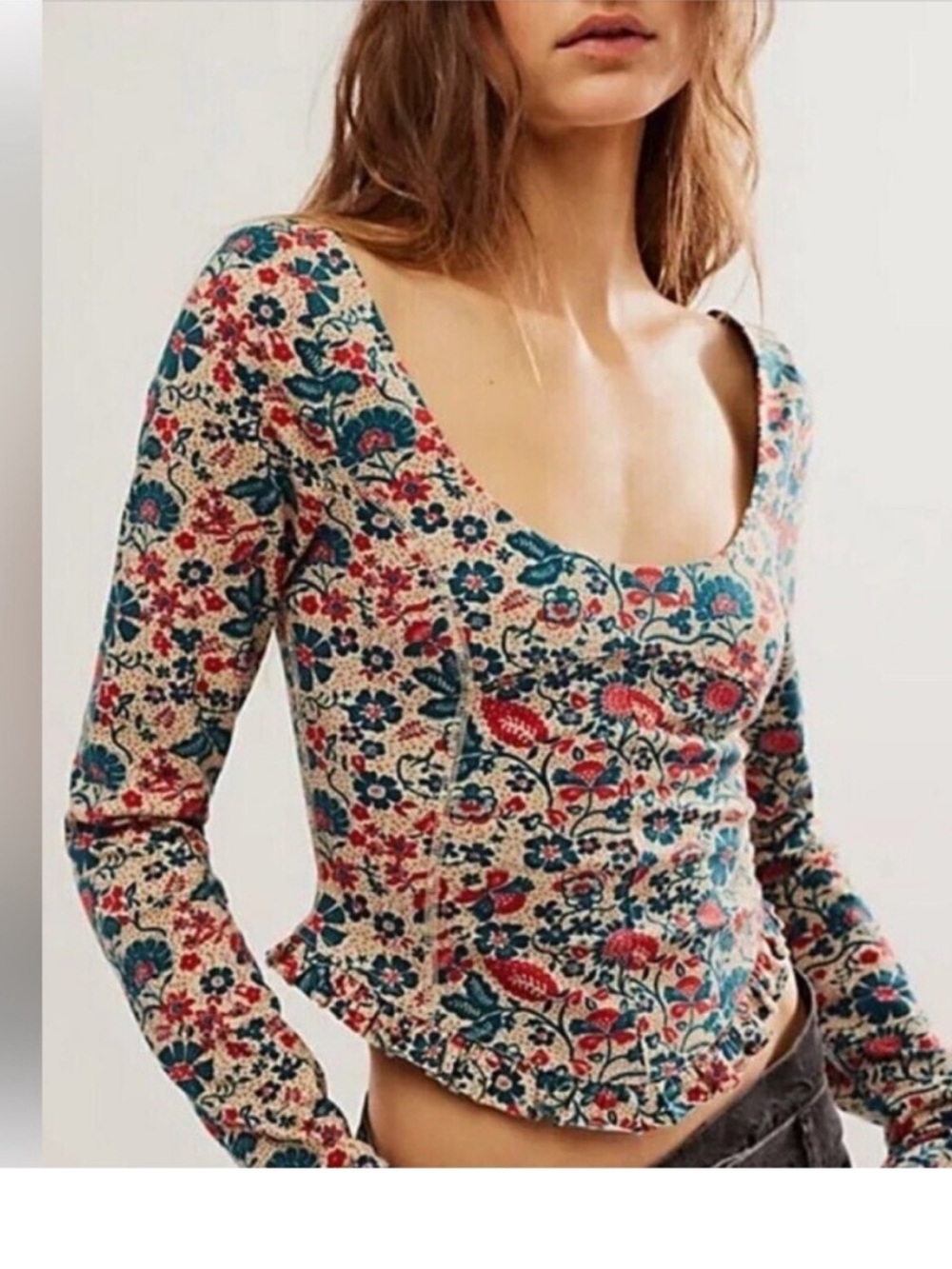 Free People Scoop Neck Floral Long Sleeve Top - Cream, Blue, Red